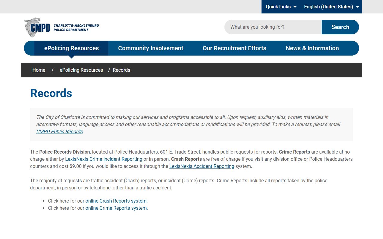 CMPD Records Division office for requesting Charlotte arrest records