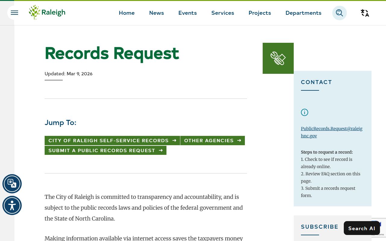 Raleigh public records request page for arrest records