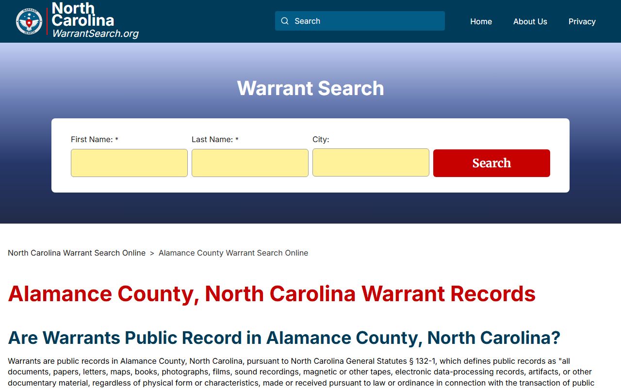 Alamance County warrant search page for arrest records lookup