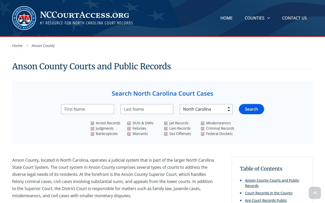 Anson County court records search page for arrest records