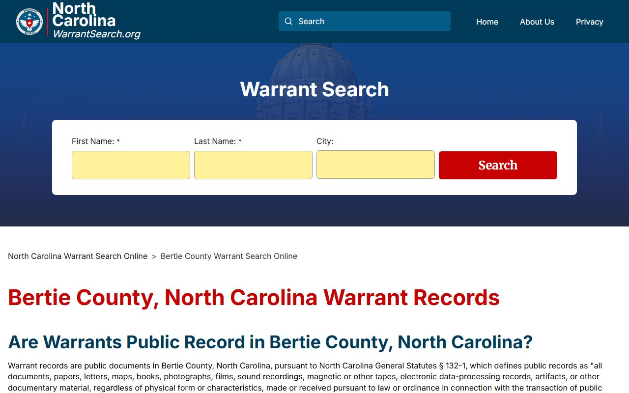 Bertie County warrant search page for arrest records