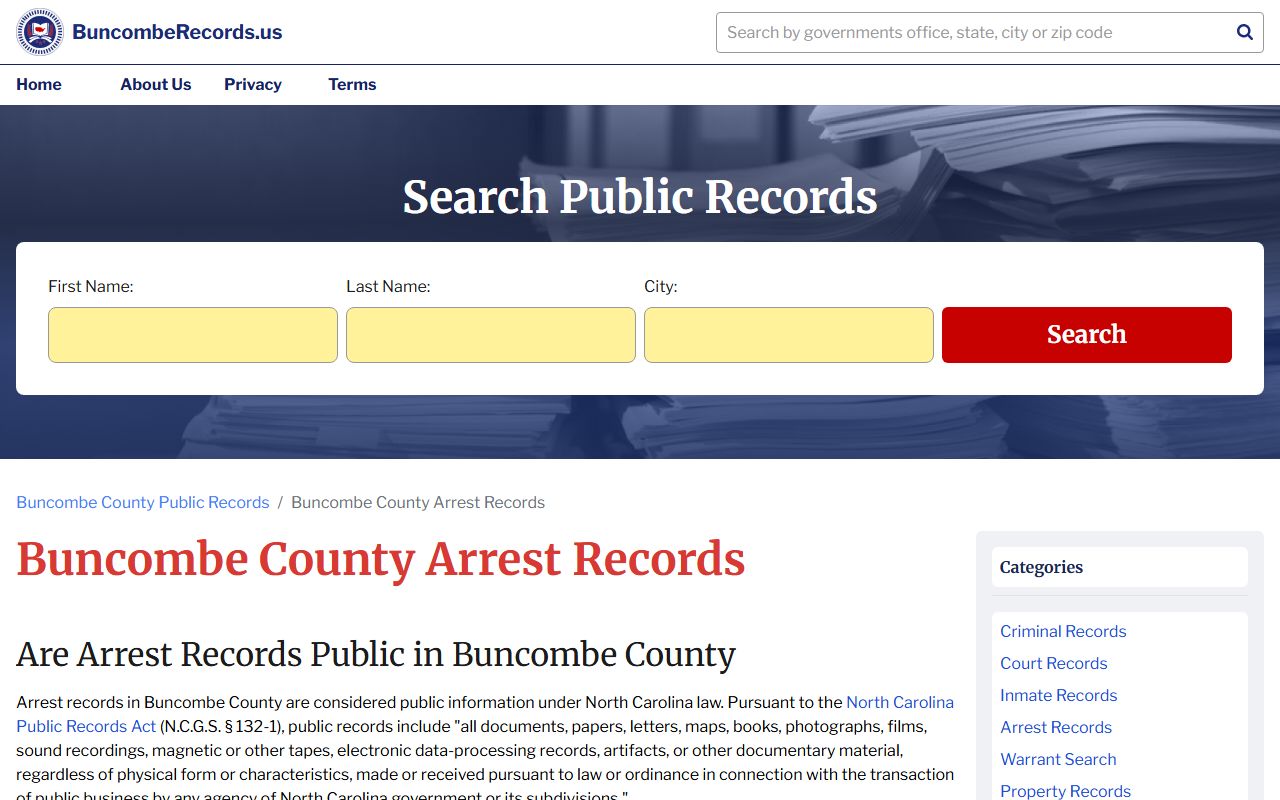 Buncombe County arrest records search page for public lookups