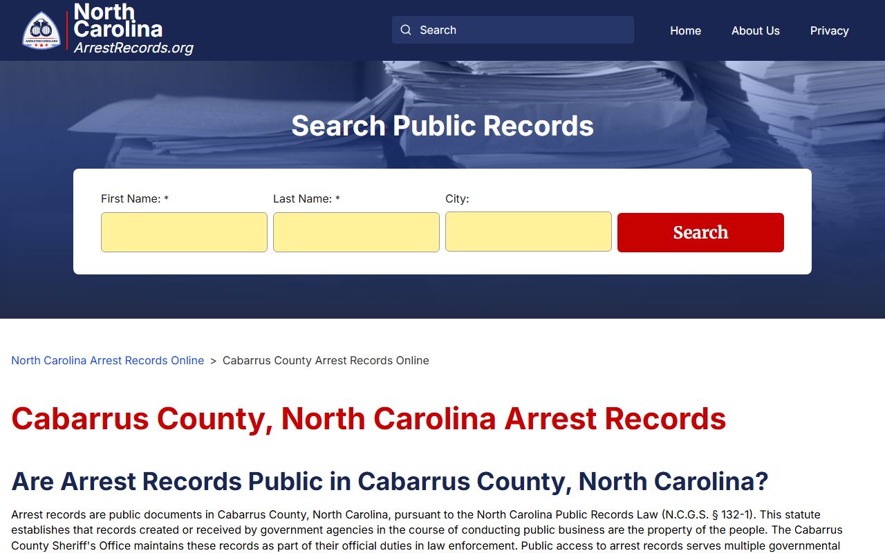 Cabarrus County arrest records search page for public lookups