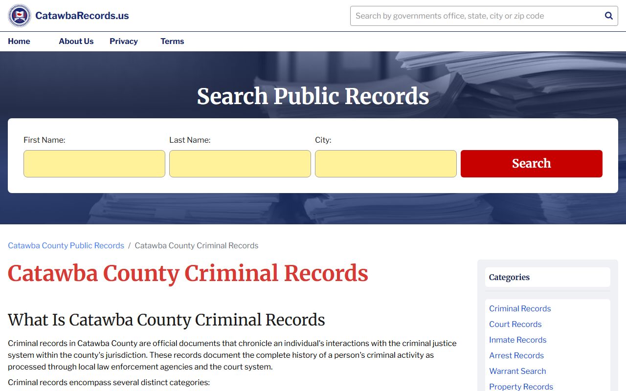 Catawba County criminal records search page for arrest data