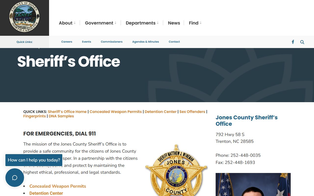 Jones County Sheriff Office website with contact details and services
