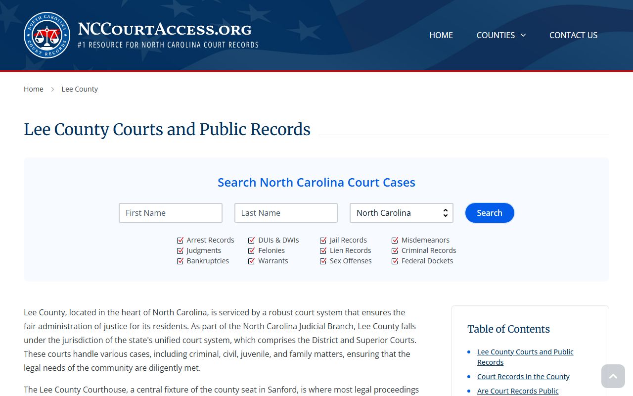 Lee County court records search page showing case lookup options