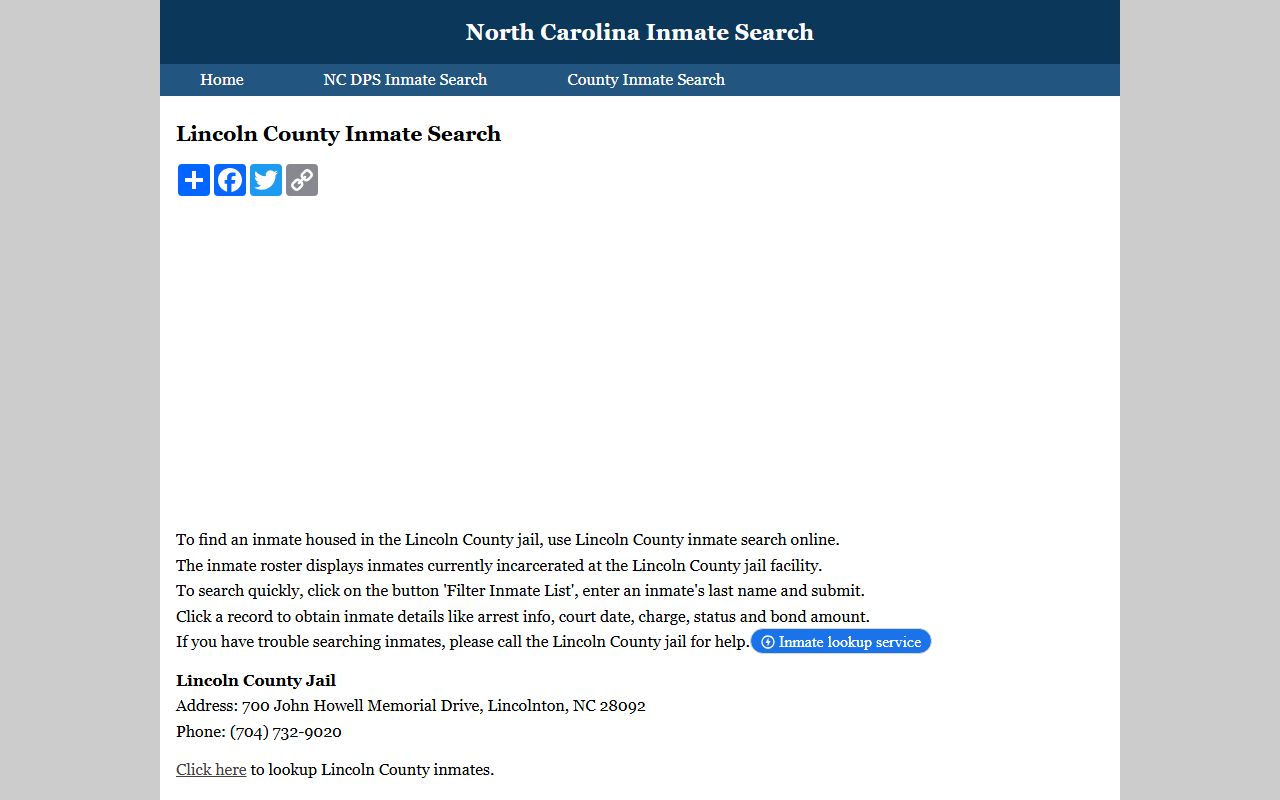 Lincoln County inmate search tool showing booking record lookup