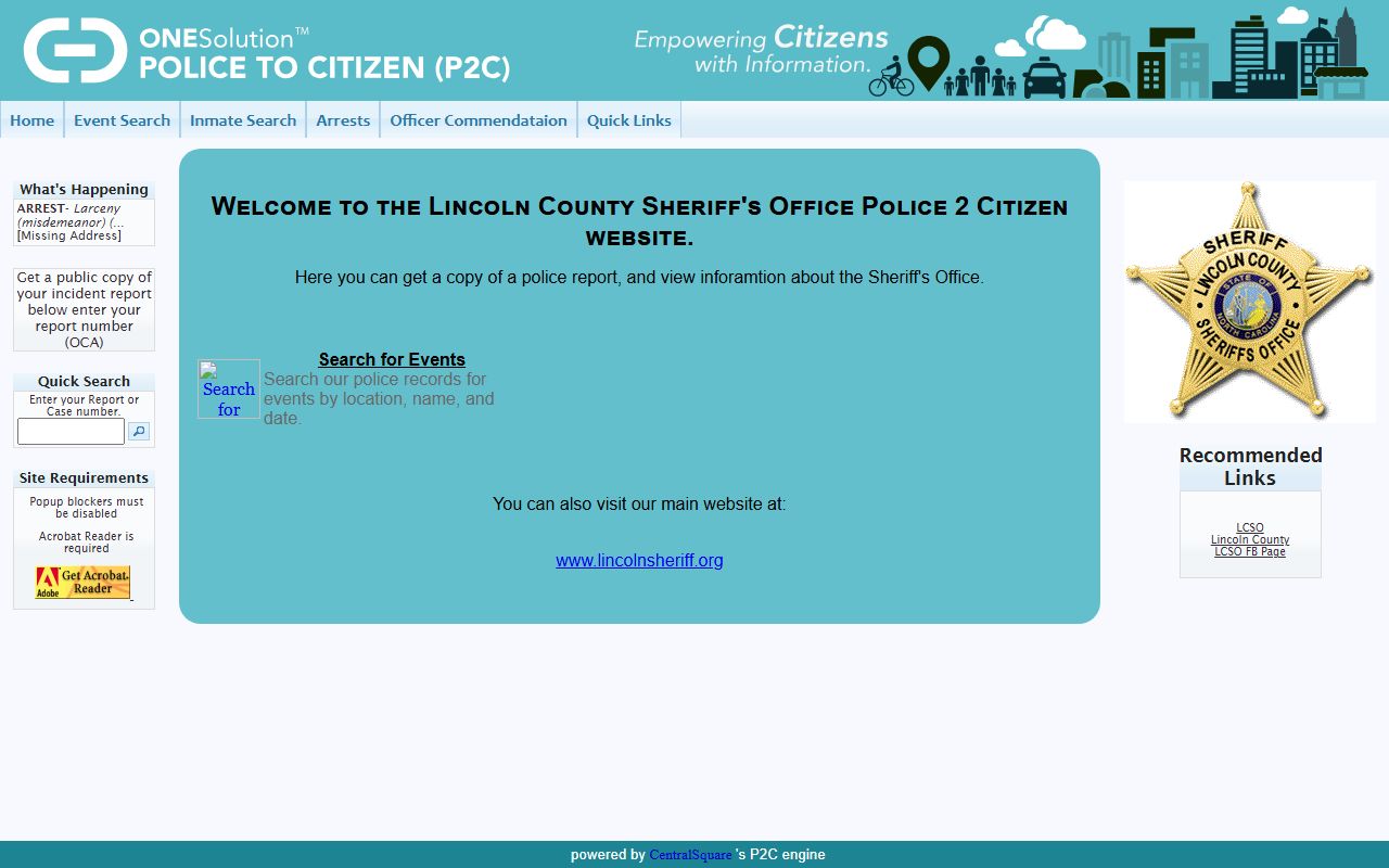 Lincoln County Police-to-Citizen portal for searching arrest records online
