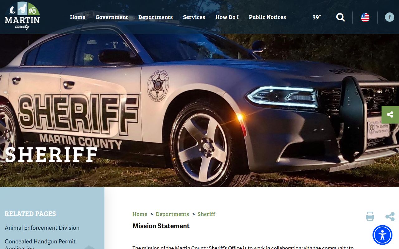 Martin County Sheriff Office website showing public services and contact information