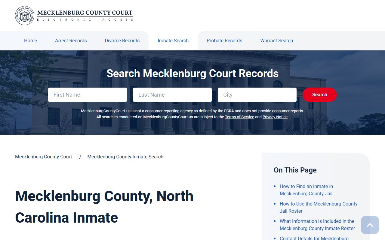 Mecklenburg County inmate search tool for current booking records