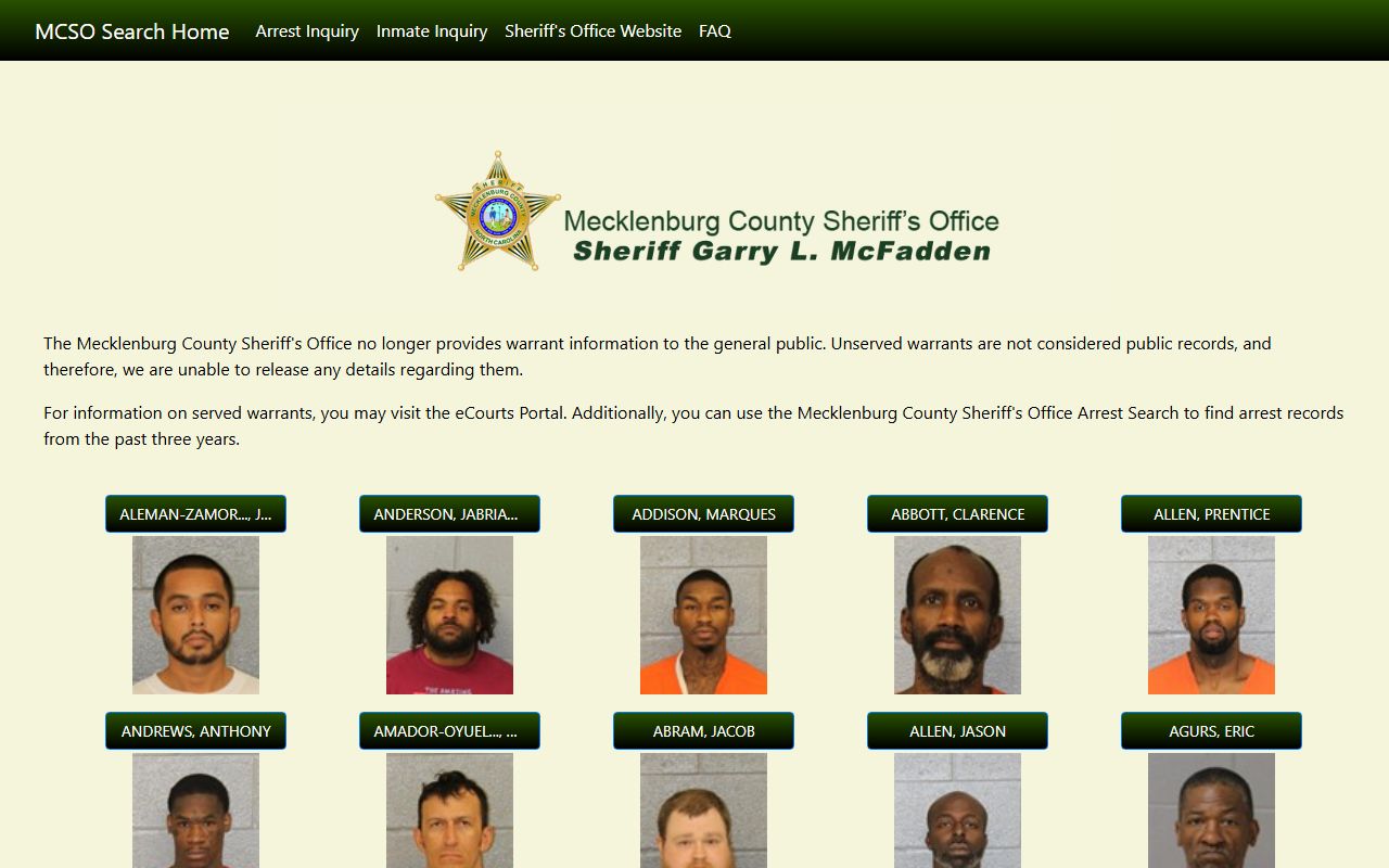 Mecklenburg County Sheriff MCSO inquiry system for public record searches