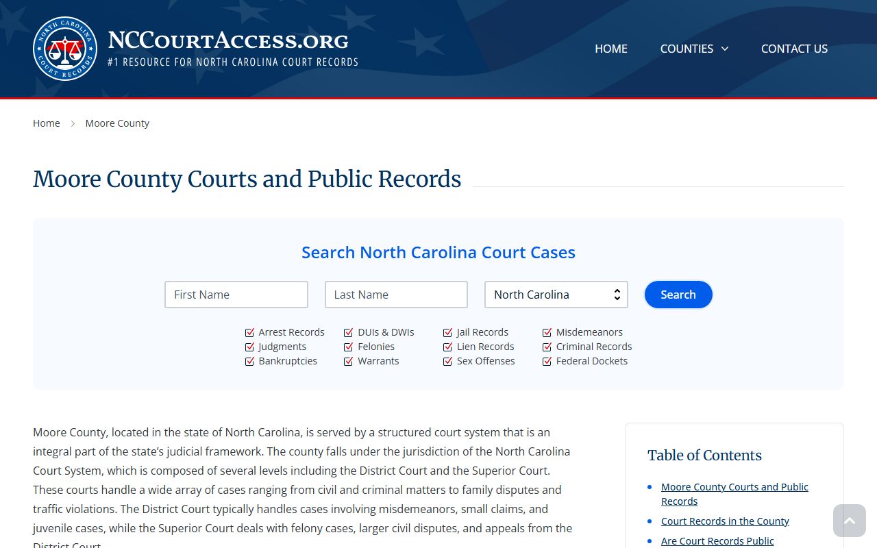Moore County court records online search page with case lookup tool