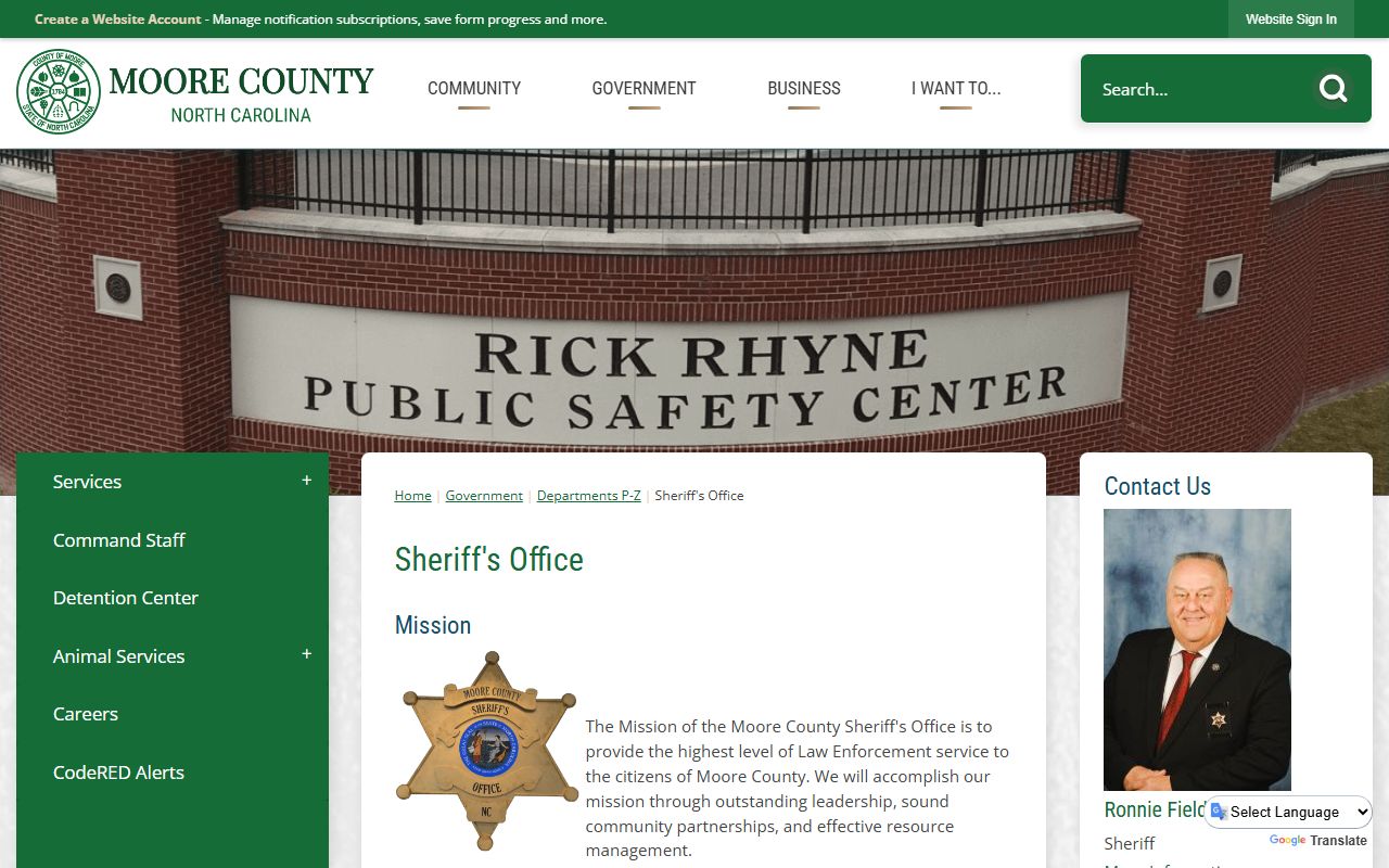 Moore County Sheriff Office website showing public services and contact details