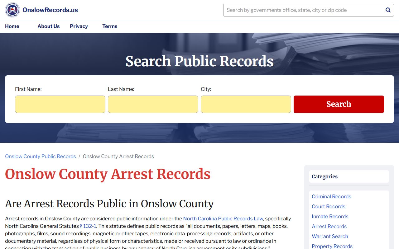 Onslow County arrest records online search tool