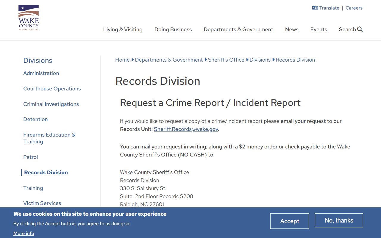 Wake County Records Division page for public record requests