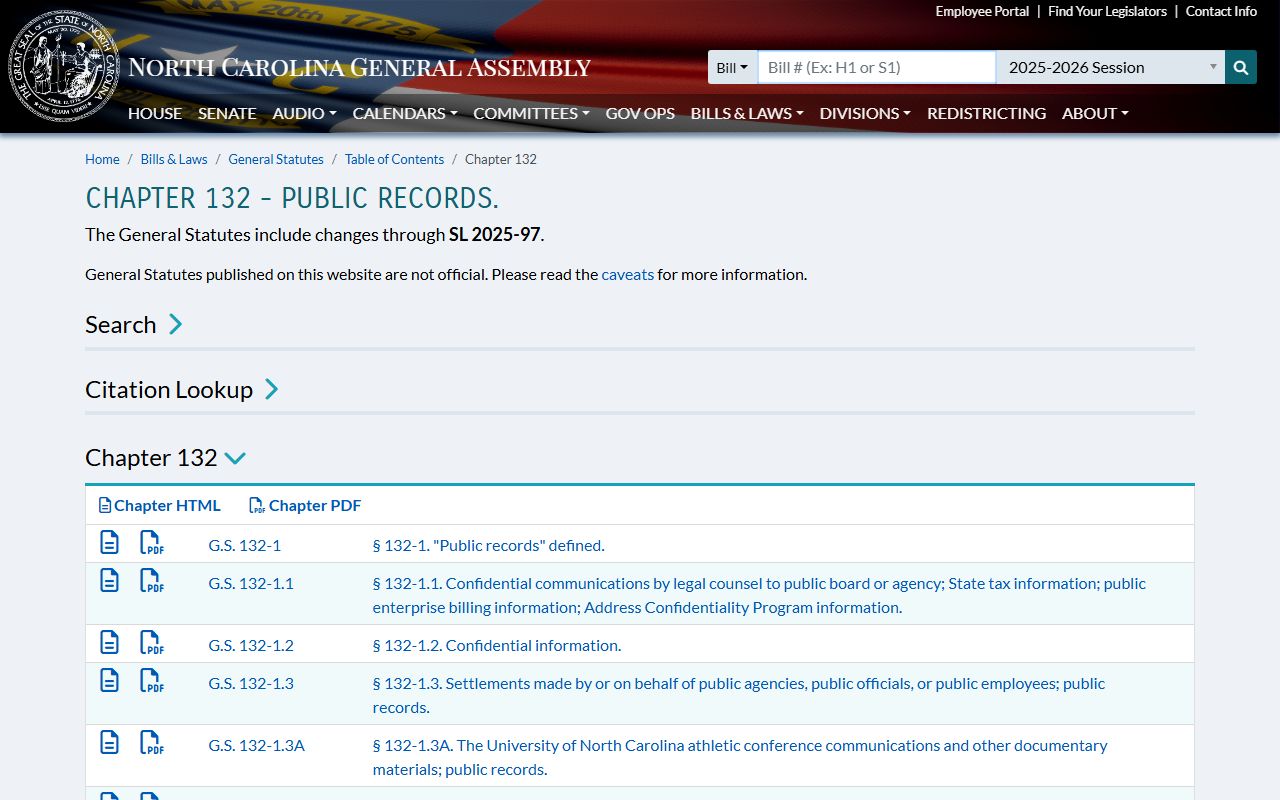 North Carolina General Statutes public records law for arrest records