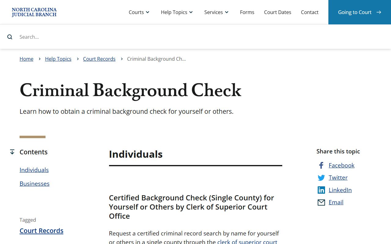 North Carolina Judicial Branch criminal background check page for arrest records