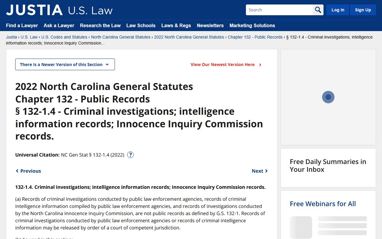 North Carolina public records law on Justia for arrest records access